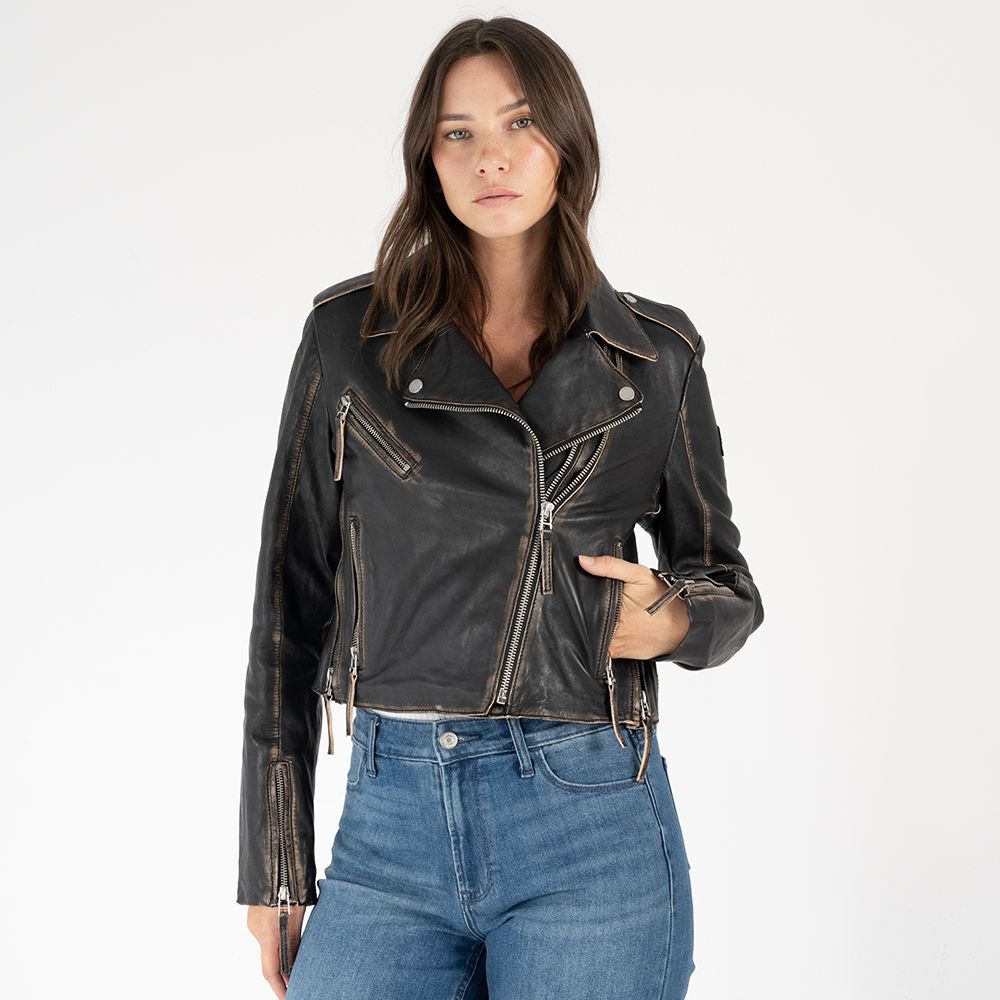Sharon RF Leather Jacket, Black Brown