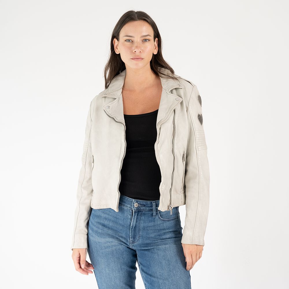 Reo RF Heart Detail Leather Jacket, Off White/Grey
