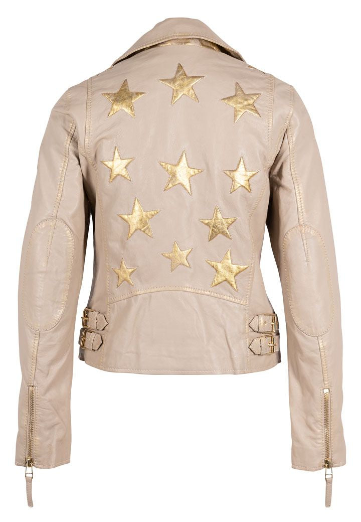 Christy RF Star Detail Leather Jacket, Offwhite and Gold