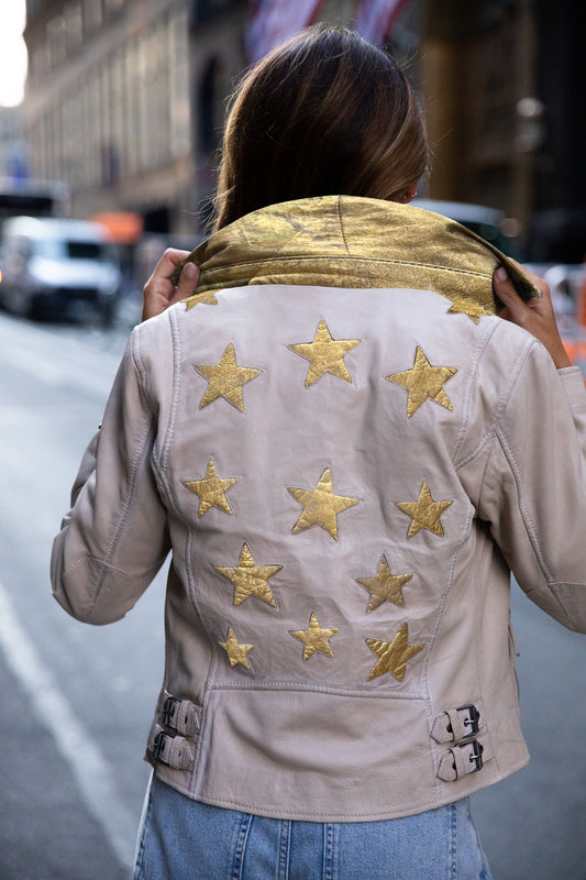 Christy RF Star Detail Leather Jacket, Offwhite and Gold