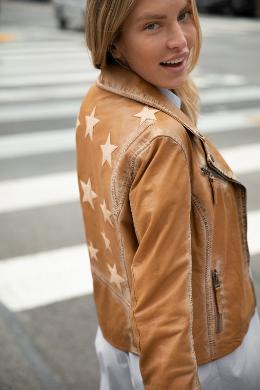 Christy RF Star Detail Leather Jacket, Honeycomb