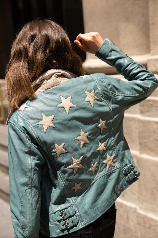 Christy RF Star Detail Leather Jacket, Sea Green