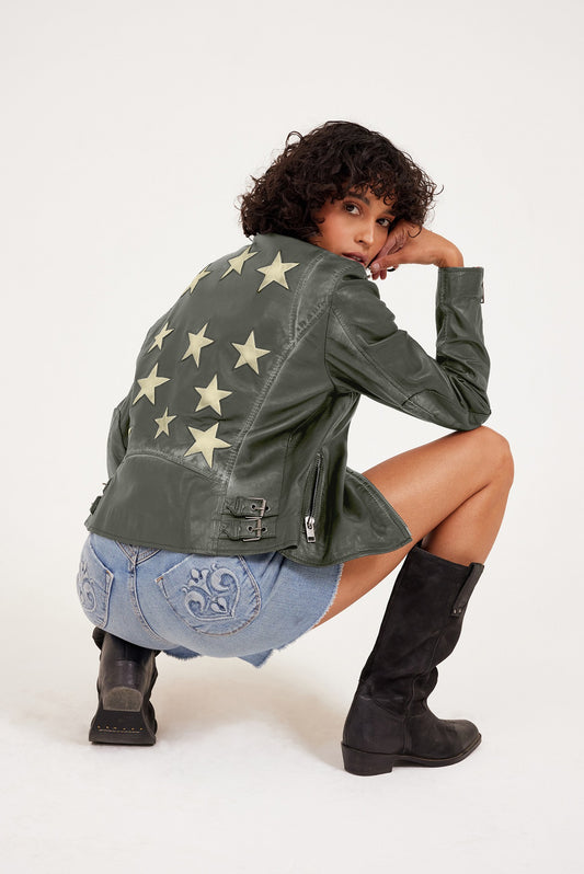 Christy RF Star Detail Leather Jacket, Olive