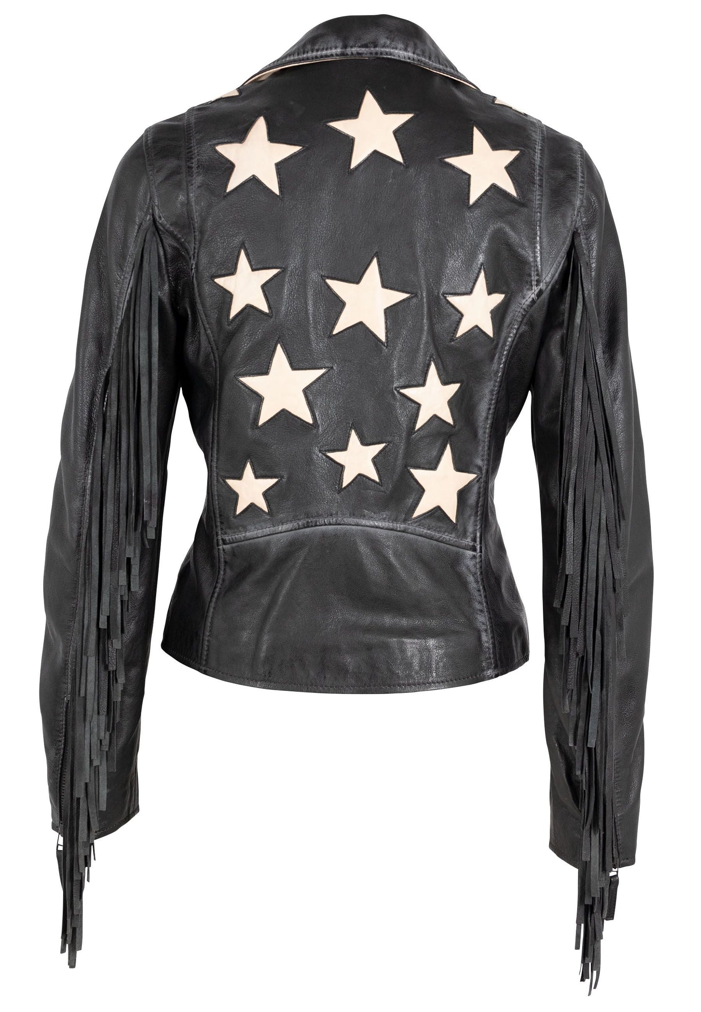 Crissy RF Star and Fringe Detail Leather Jacket, Black