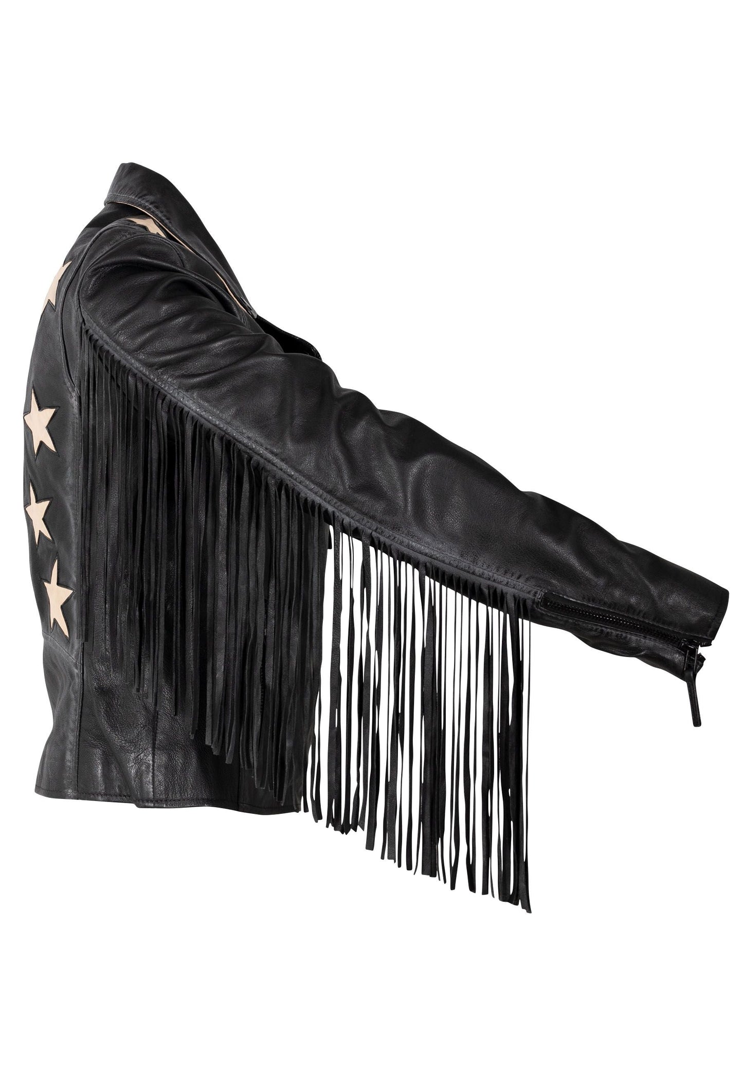 Crissy RF Star and Fringe Detail Leather Jacket, Black