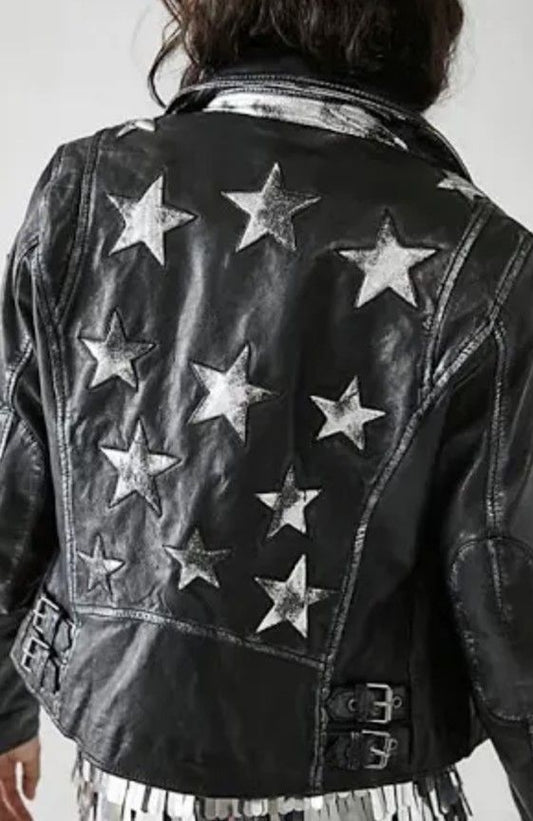 Christy RF Star Detail Leather Jacket, Black Silver