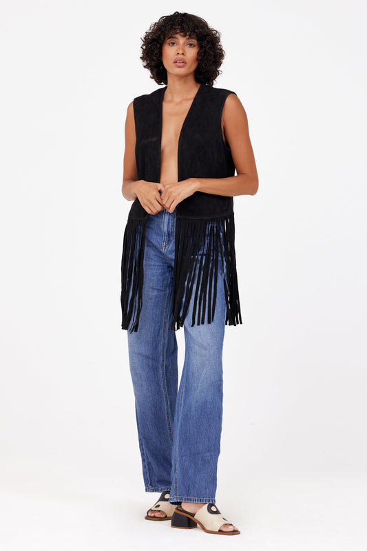 Katy RF Fringe Leather Vest, Black