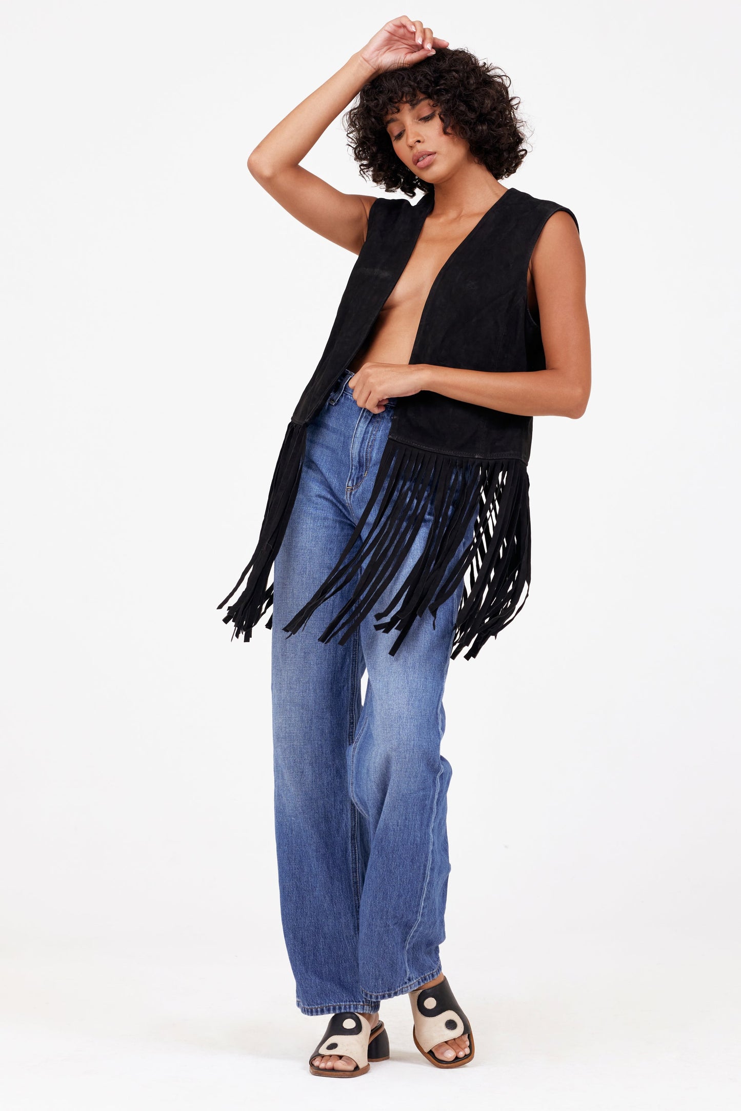 Katy RF Fringe Leather Vest, Black