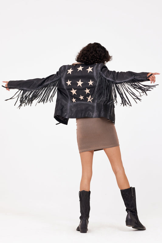 Crissy RF Star and Fringe Detail Leather Jacket, Black