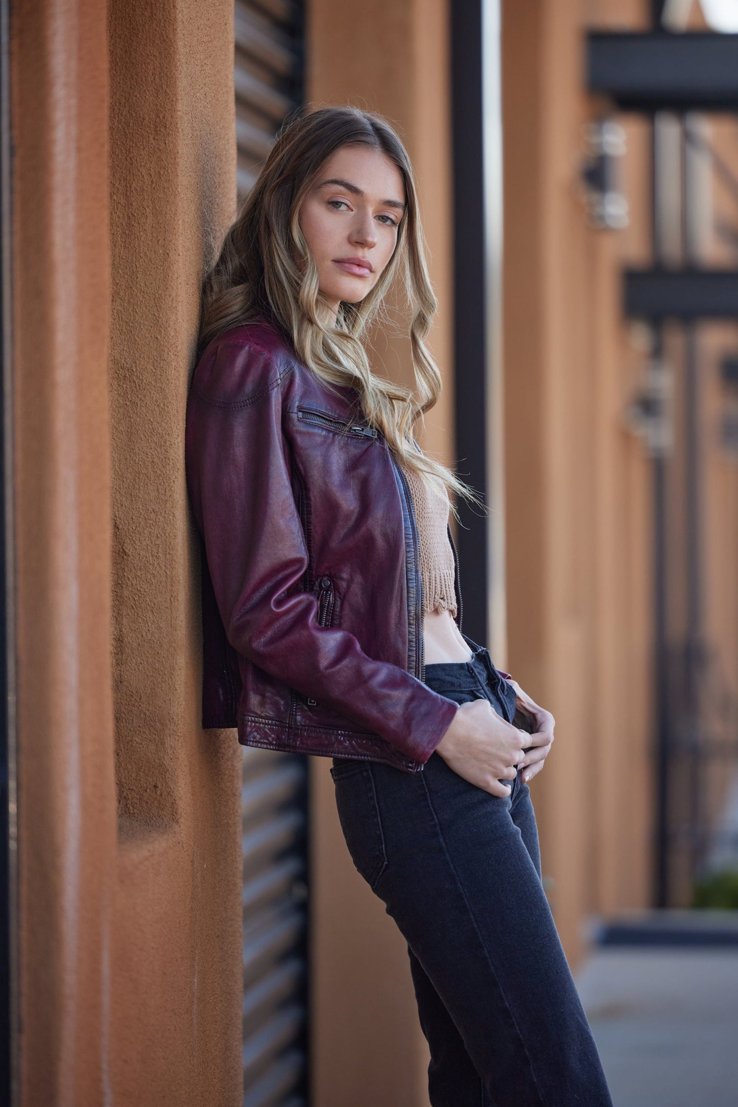 Ziya RF Leather Jacket, Dusty Red