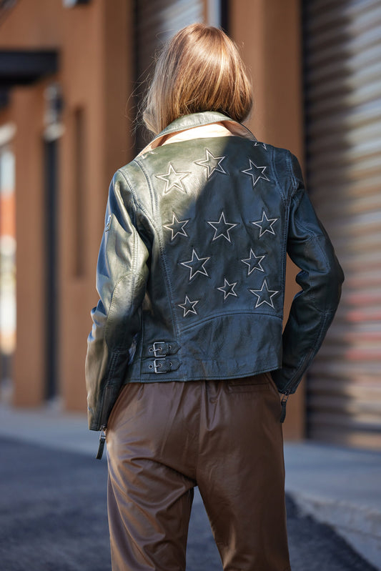 Christy RF Star Detail Leather Jacket, New Green