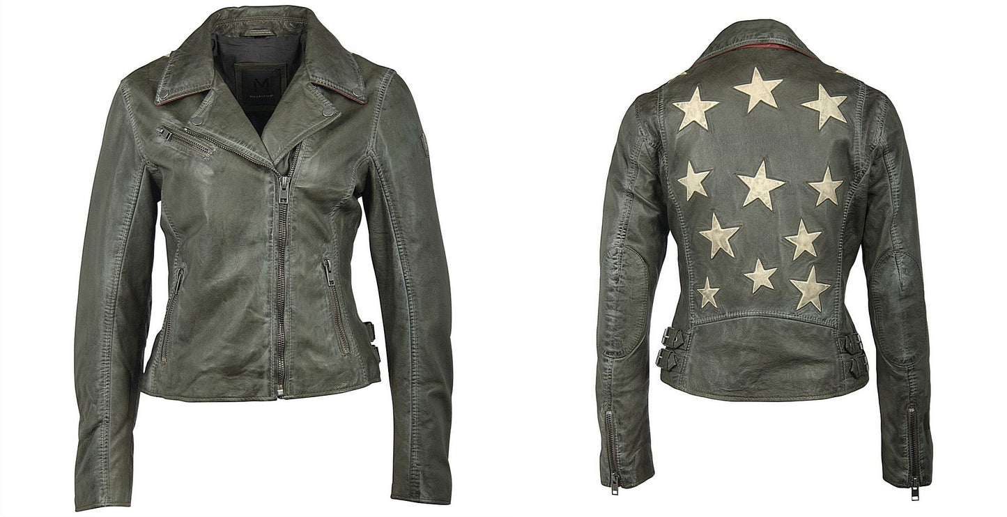 Christy RF Star Detail Leather Jacket, Olive