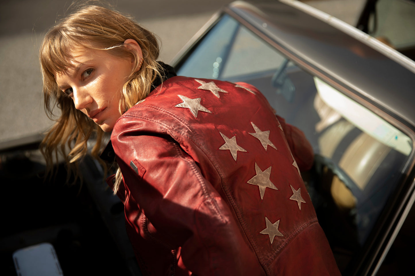 Christy RF Star Detail Leather Jacket, Red