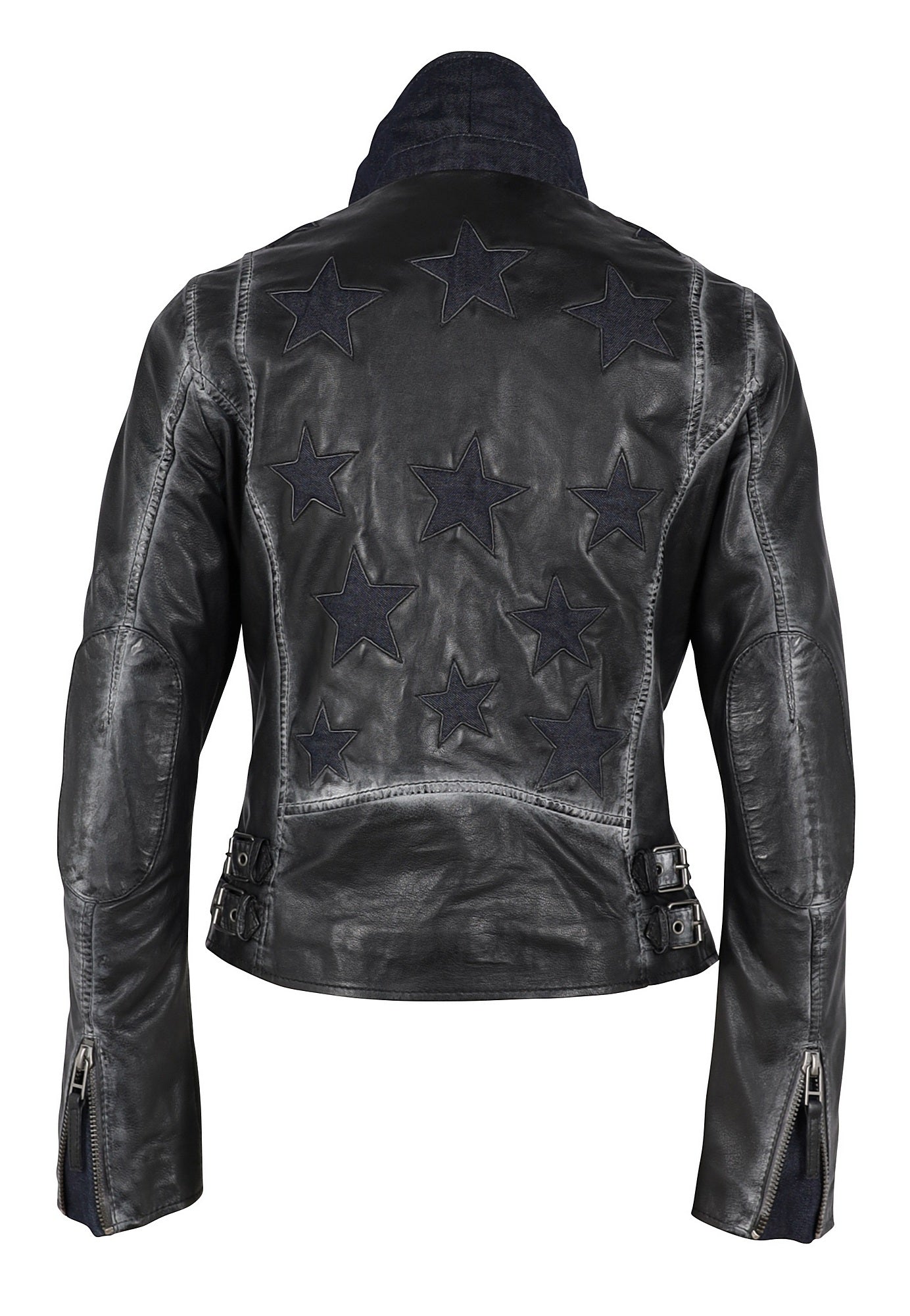 Christy RF Star Detail Leather Jacket, Black Denim