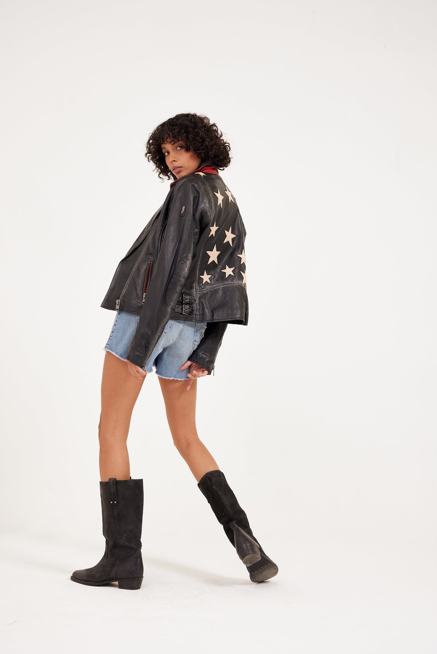 Christy RF Star Detail Leather Jacket, Vintage Black